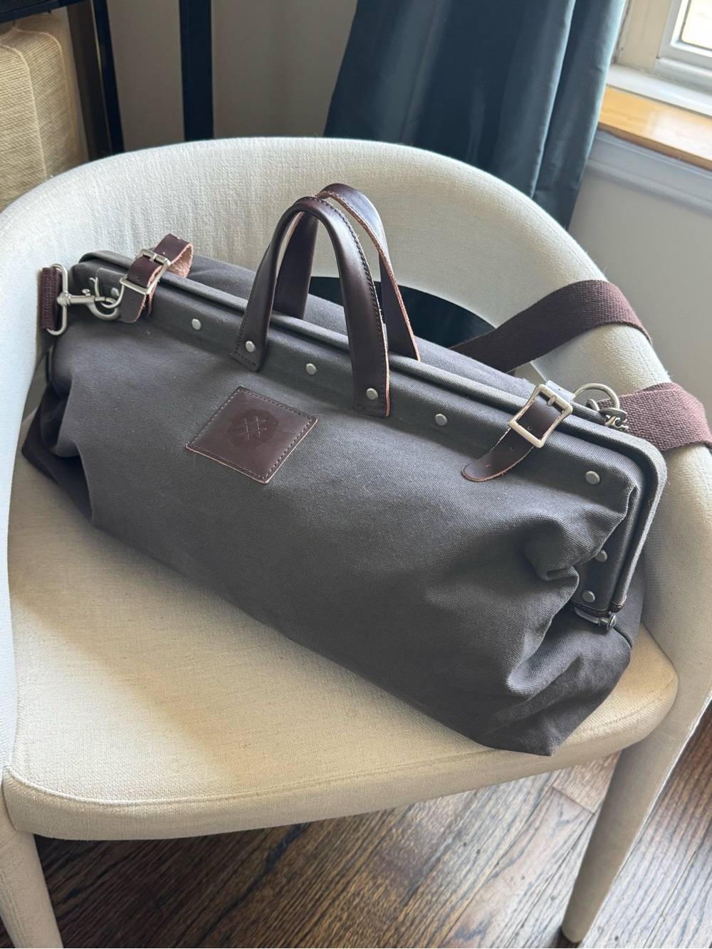 Gray Canvas Weekender Bag with Brown Leather Trim